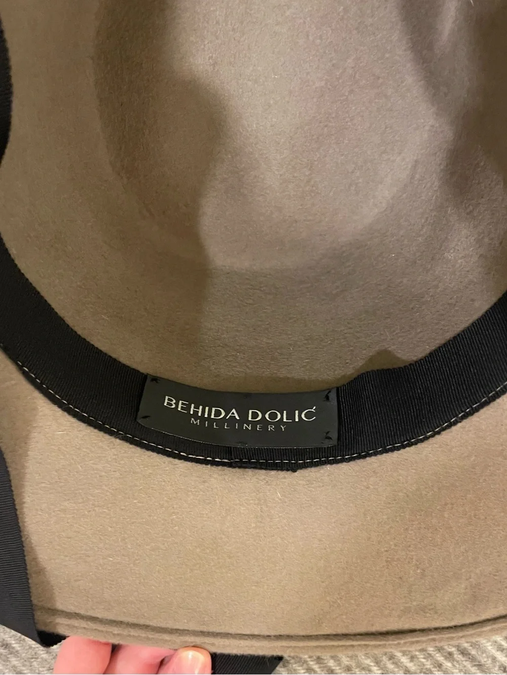 Behida Dolic Millinery Wide Brim Felt Hat in Taupe with Black Chin Strap